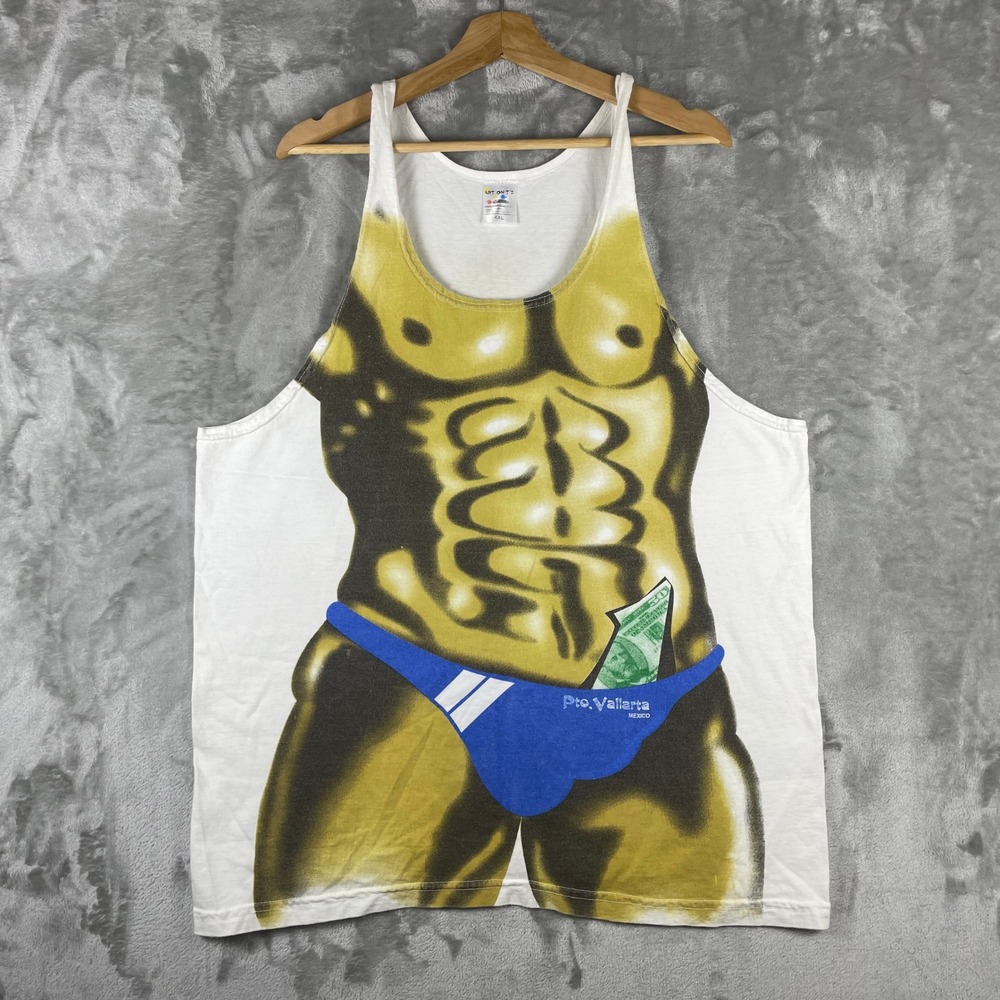 Vintage 90s Muscle Man AOP Tank Top Mens XXL USA Beach 80s Bodybuilder Muscles